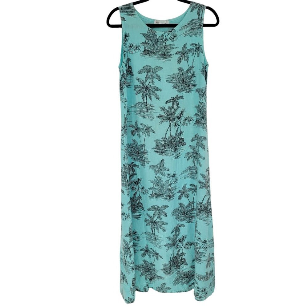 Liz and Jane womens small linen blue coconut tree print tropical sleeveless maxi